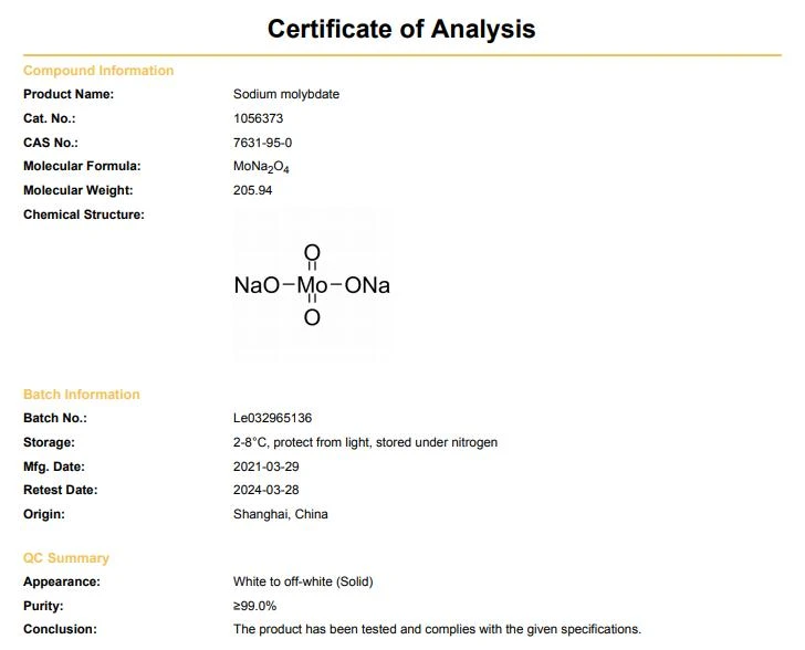 7631-95-0 Sodium molybdate COA Sodium Molybdate CAS 7631-95-0 | Shaanxi BLOOM Tech Co., Ltd 7631-95-0 Sodium molybdate COA Sodium Molybdate CAS 7631-95-0 | Shaanxi BLOOM Tech Co., Ltd